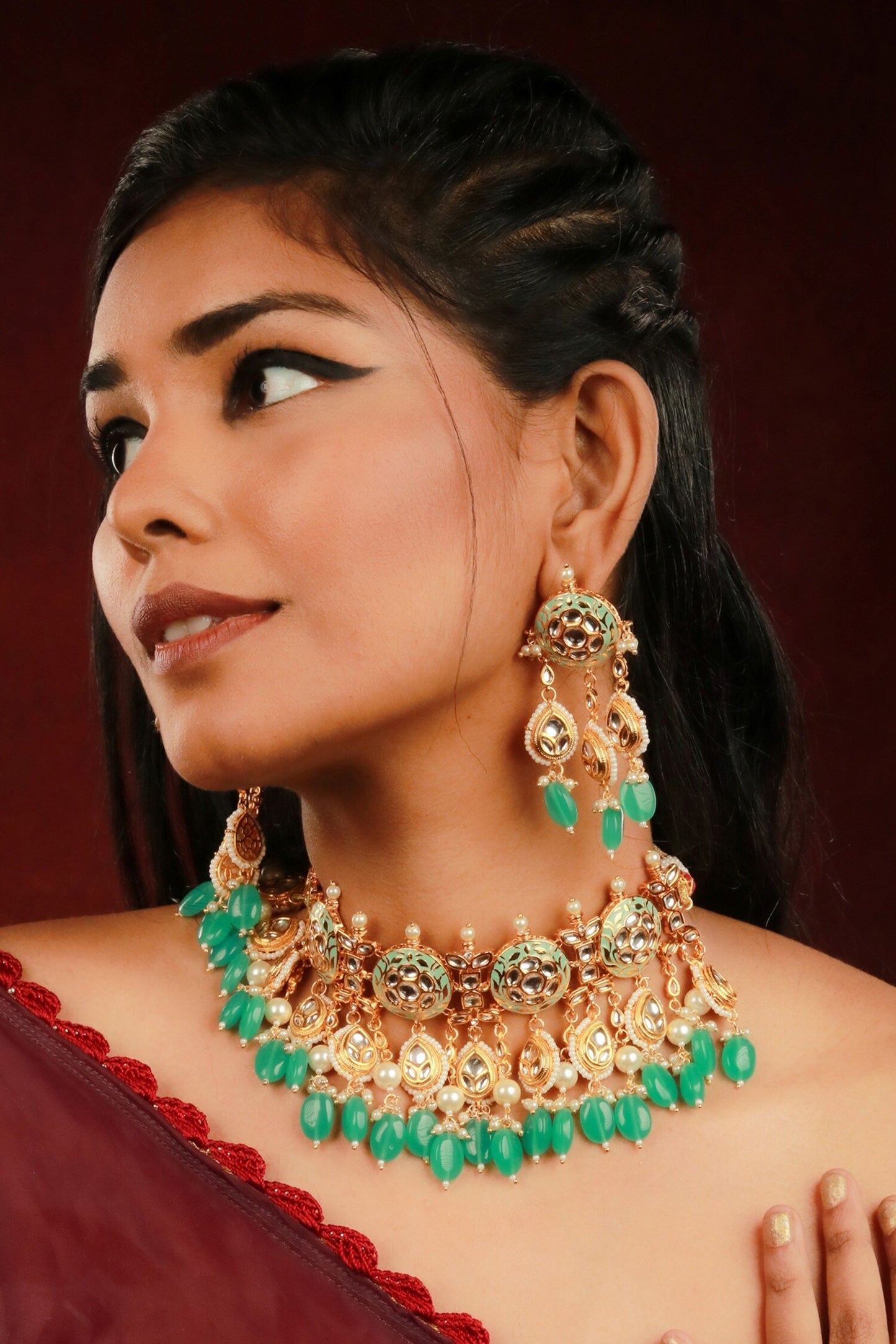 Handcrafted Stone Embellished Necklace Set With Maangtikka 