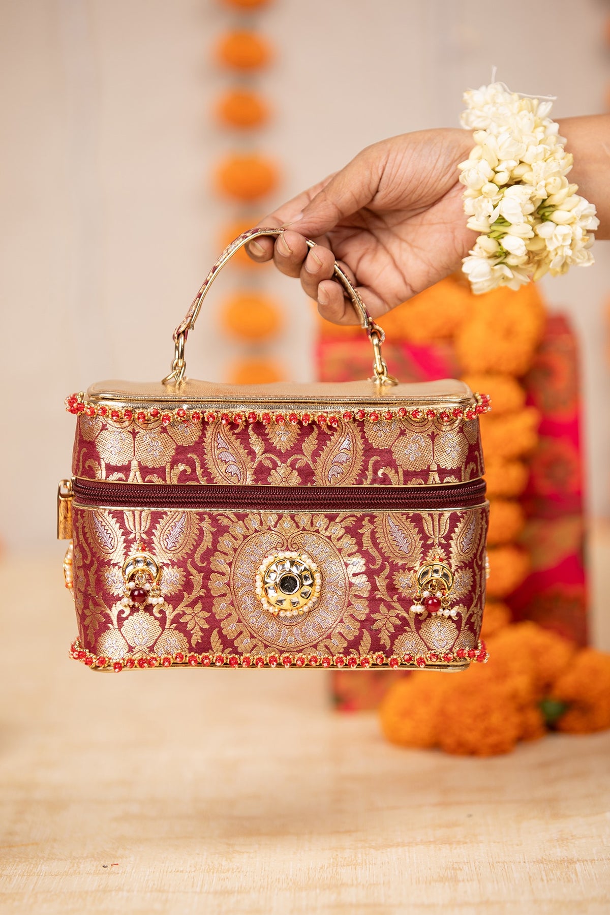Maroon Brocade & PU Kundan Embellished Handbag