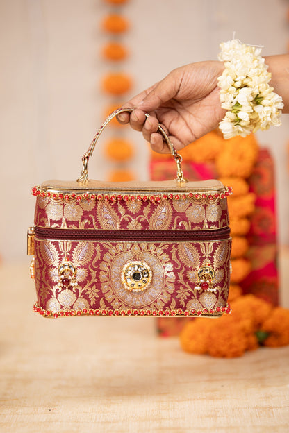 Maroon Brocade & PU Kundan Embellished Handbag