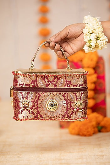 Maroon Brocade & PU Kundan Embellished Handbag