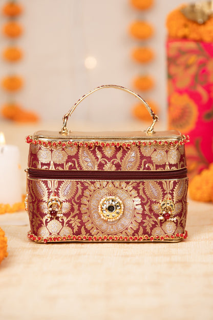 Maroon Brocade & PU Kundan Embellished Handbag