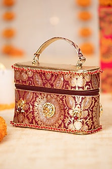 Maroon Brocade & PU Kundan Embellished Handbag