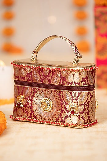 Maroon Brocade & PU Kundan Embellished Handbag