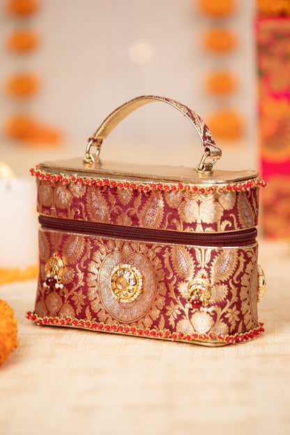 Maroon Brocade & PU Kundan Embellished Handbag