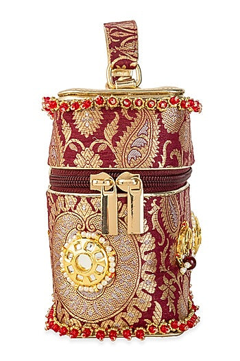 Maroon Brocade & PU Kundan Embellished Handbag