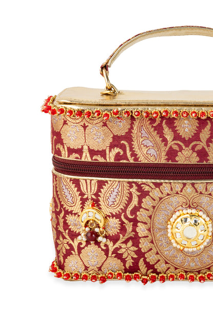 Maroon Brocade & PU Kundan Embellished Handbag