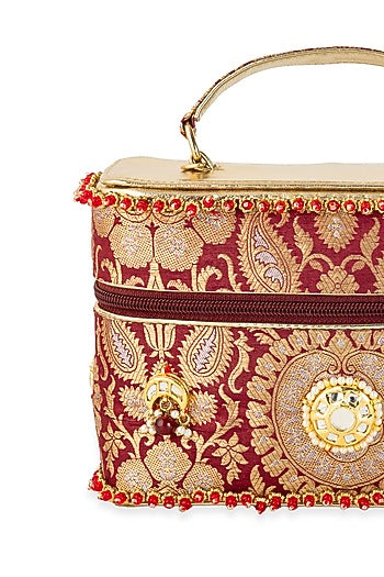 Maroon Brocade & PU Kundan Embellished Handbag