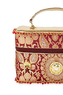 Maroon Brocade & PU Kundan Embellished Handbag