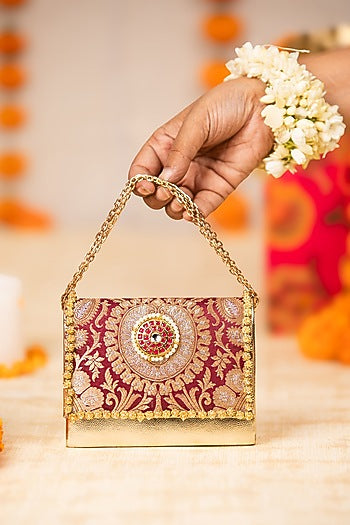Maroon Brocade & PU Kundan Embellished Handbag