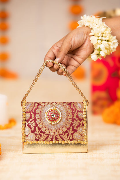 Maroon Brocade & PU Kundan Embellished Handbag
