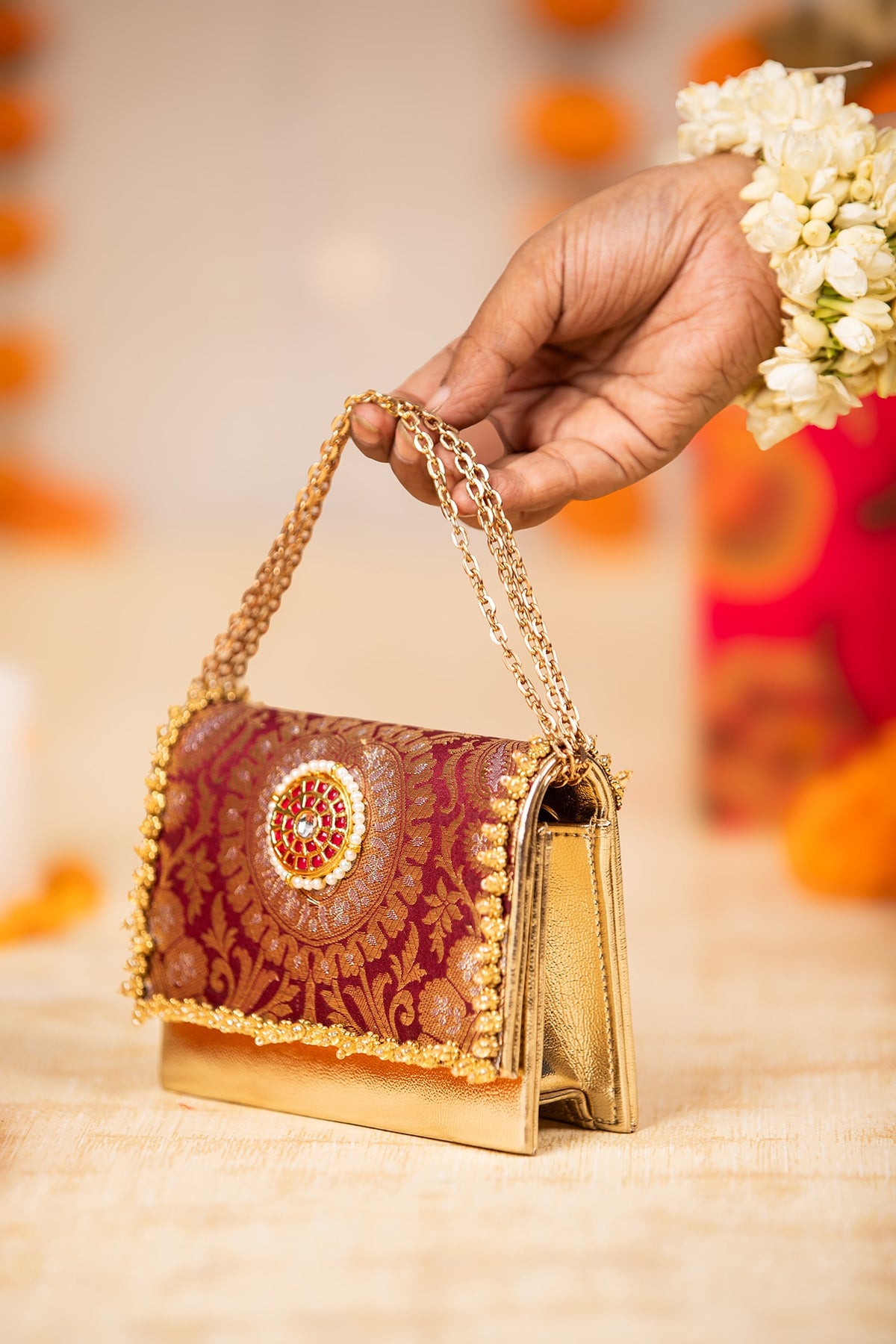 Maroon Brocade & PU Kundan Embellished Handbag