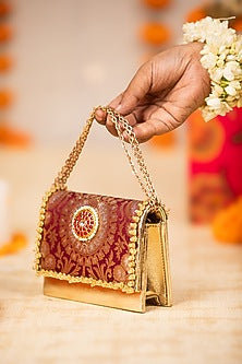 Maroon Brocade & PU Kundan Embellished Handbag