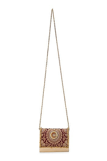 Maroon Brocade & PU Kundan Embellished Handbag