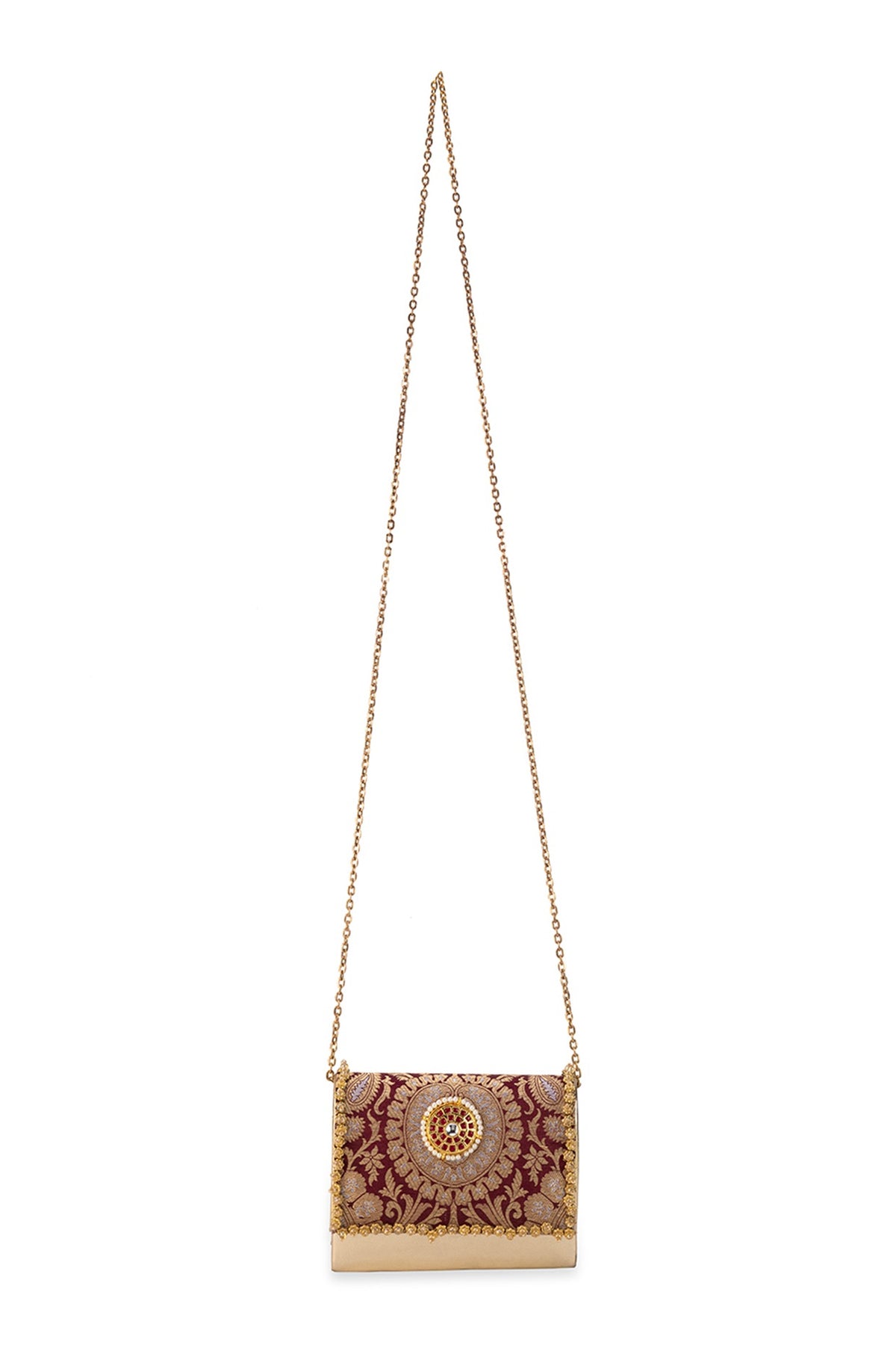 Maroon Brocade & PU Kundan Embellished Handbag