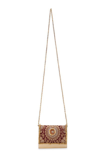 Maroon Brocade & PU Kundan Embellished Handbag