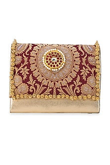 Maroon Brocade & PU Kundan Embellished Handbag