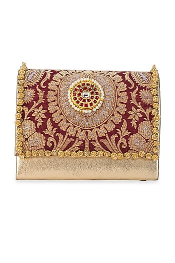 Maroon Brocade & PU Kundan Embellished Handbag