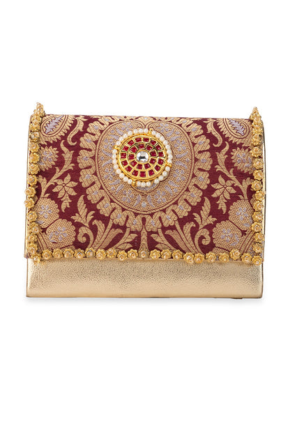 Maroon Brocade & PU Kundan Embellished Handbag