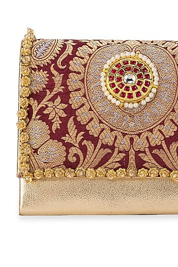Maroon Brocade & PU Kundan Embellished Handbag