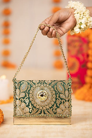 Green Brocade & PU Kundan Embellished Handbag