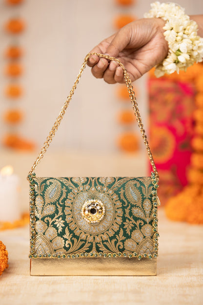 Green Brocade & PU Kundan Embellished Handbag