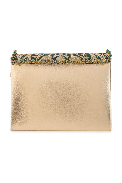Green Brocade & PU Kundan Embellished Handbag