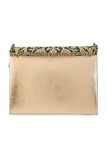 Green Brocade & PU Kundan Embellished Handbag