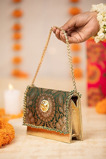 Green Brocade & PU Kundan Embellished Handbag