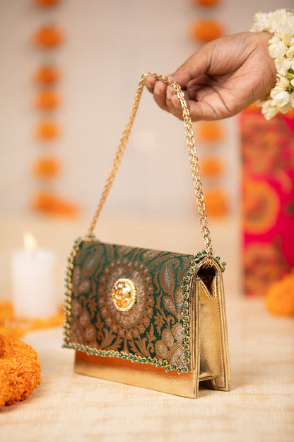 Green Brocade & PU Kundan Embellished Handbag