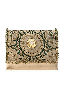 Green Brocade & PU Kundan Embellished Handbag