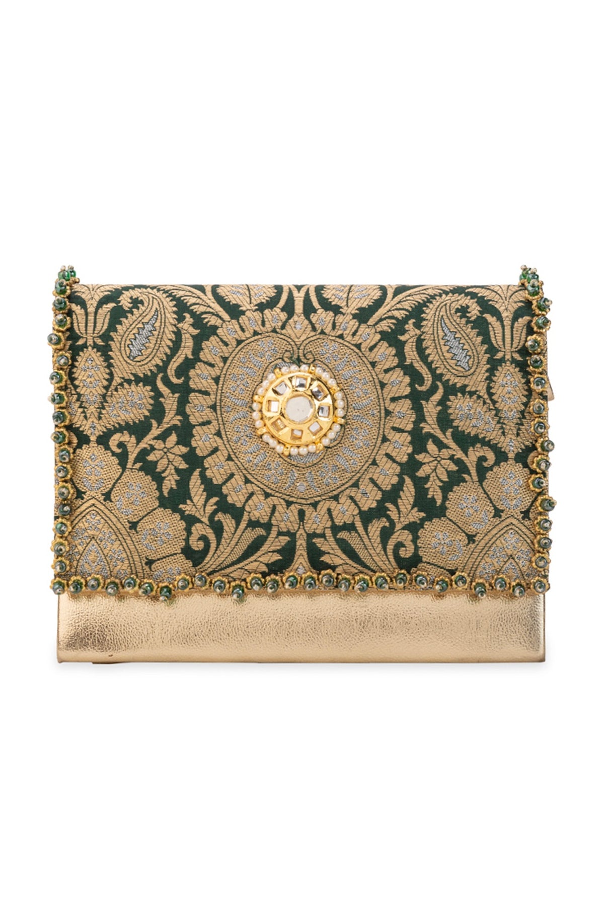 Green Brocade & PU Kundan Embellished Handbag