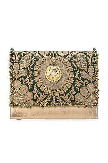 Green Brocade & PU Kundan Embellished Handbag