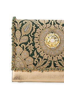 Green Brocade & PU Kundan Embellished Handbag