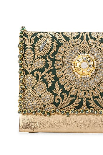 Green Brocade & PU Kundan Embellished Handbag