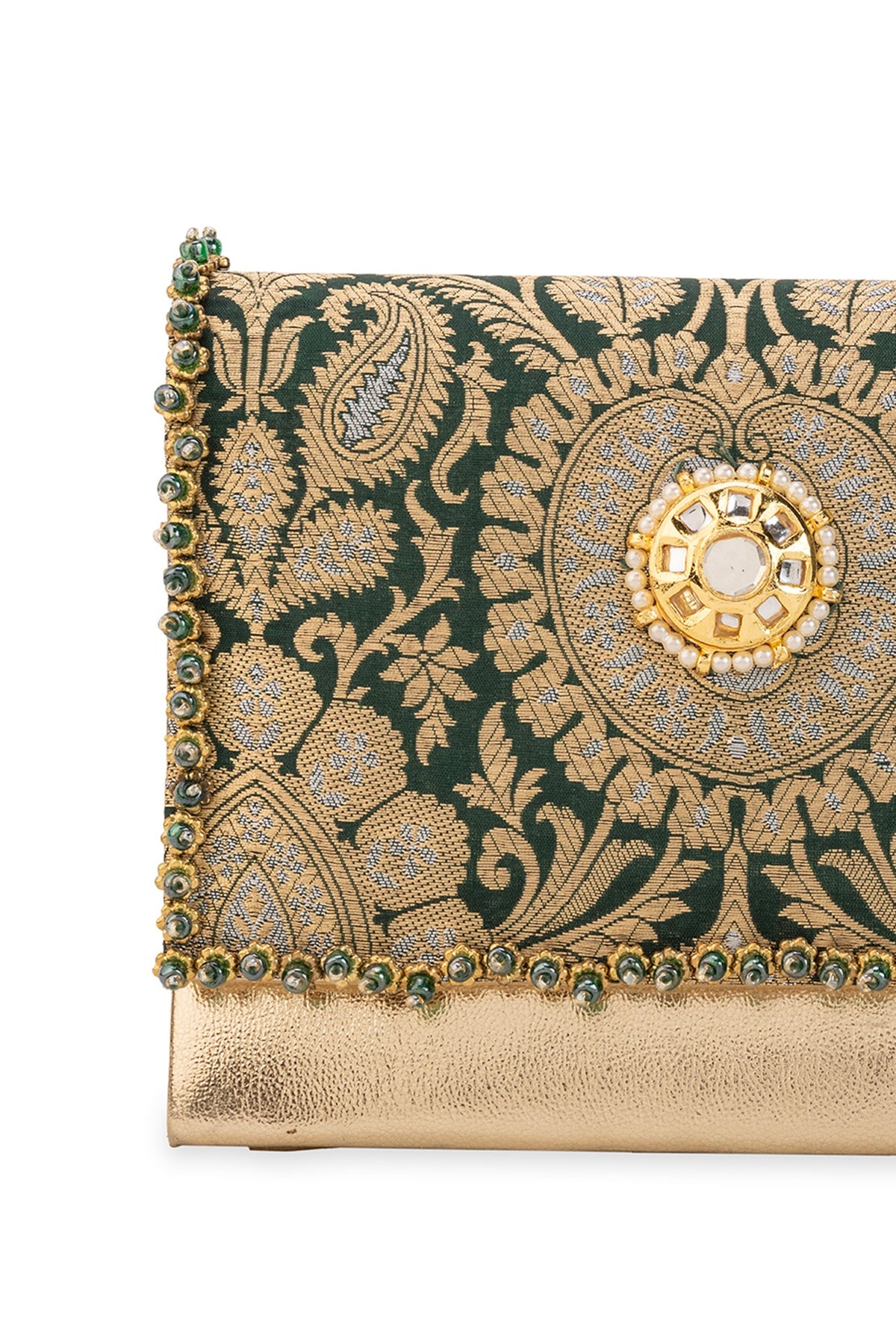 Green Brocade & PU Kundan Embellished Handbag