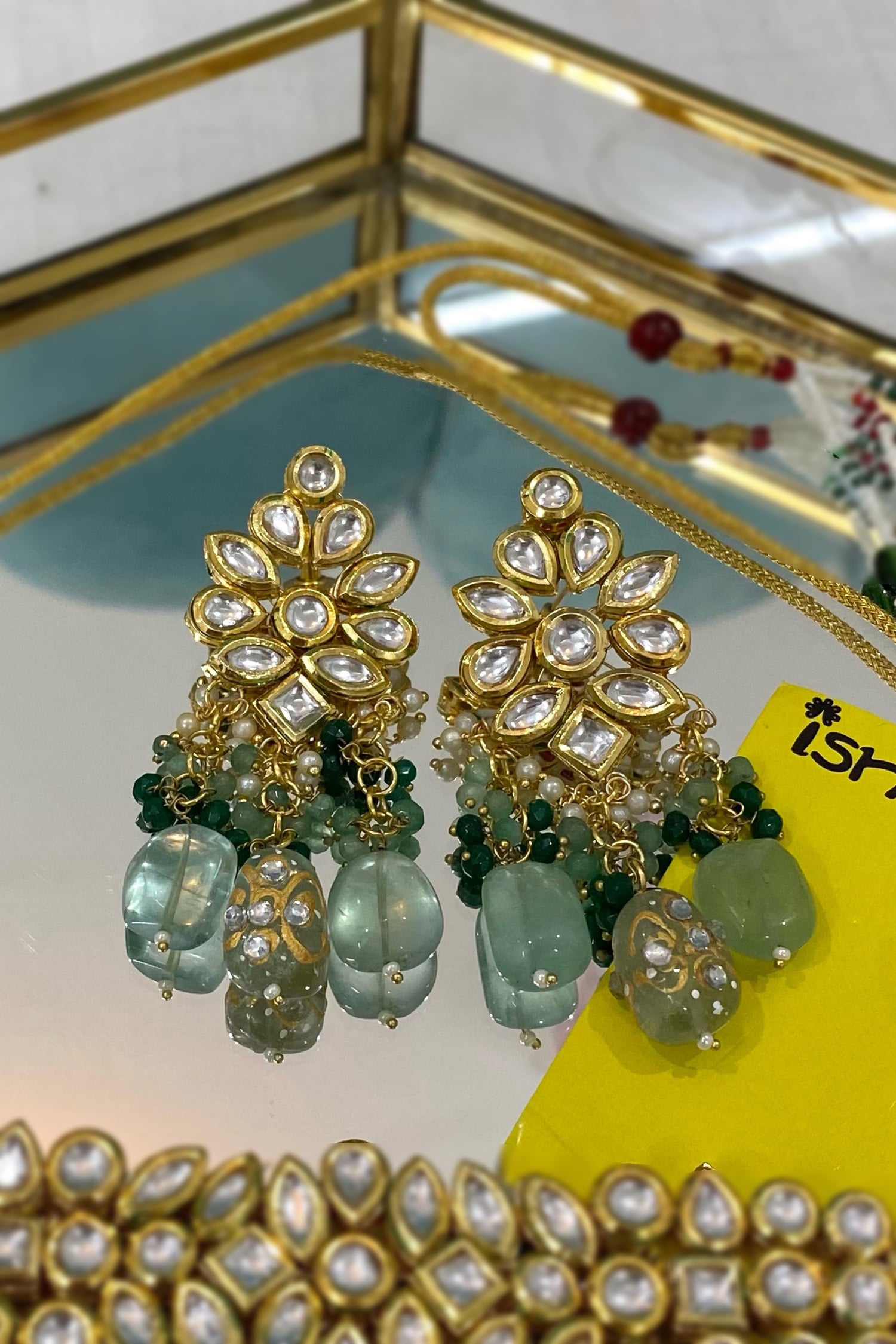 Kundan Green Stone Dangler Earrings 