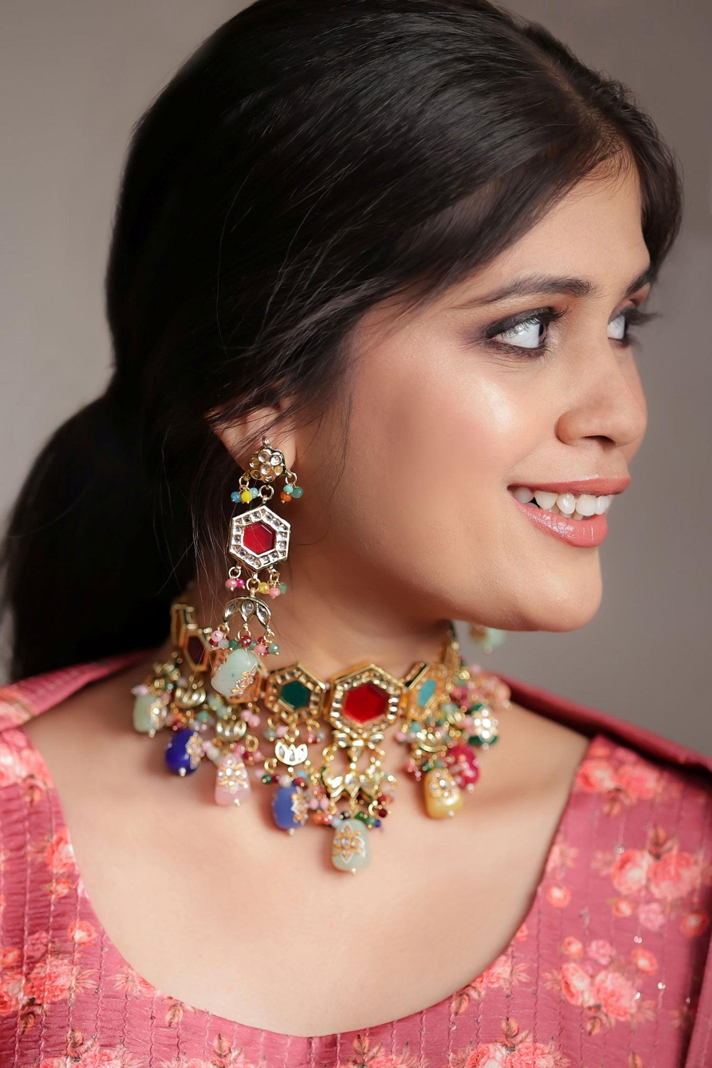 Gold Multi Color Navratna Choker Set 