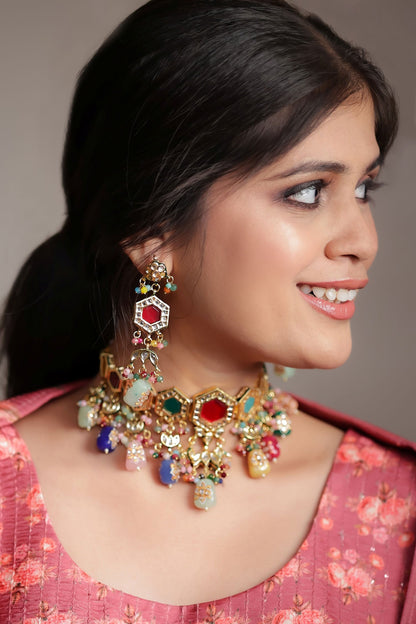 Gold Multi Color Navratna Choker Set 