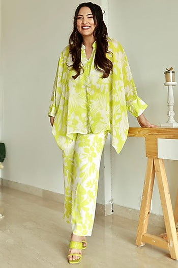 Spring Green Pearl Chiffon Asymmetrical Co-Ord Set