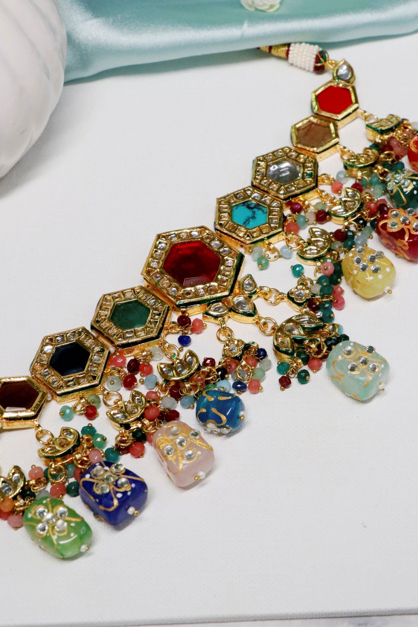 Gold Multi Color Navratna Choker Set 
