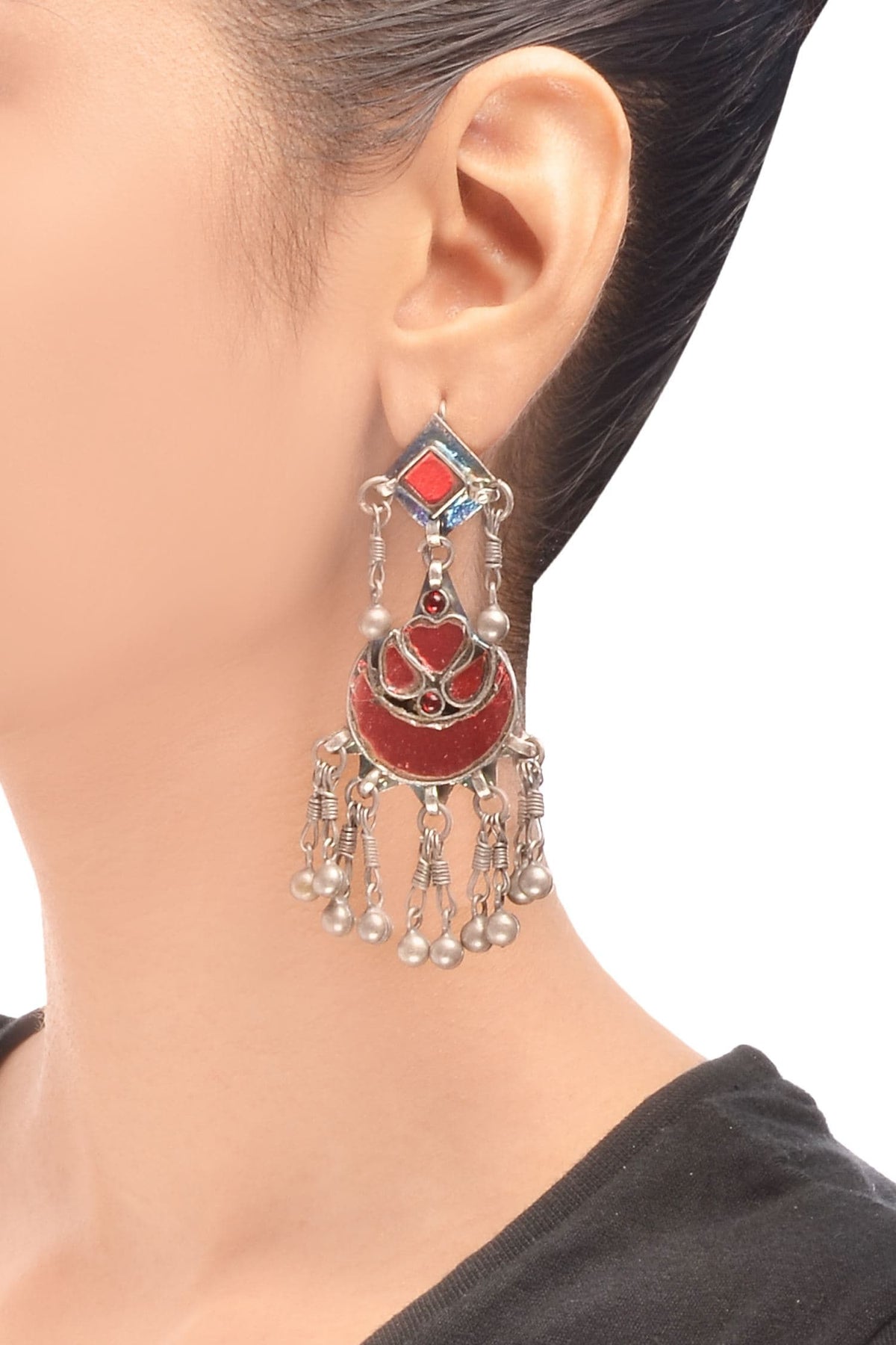 Antique silver drop earrings with enamel work 