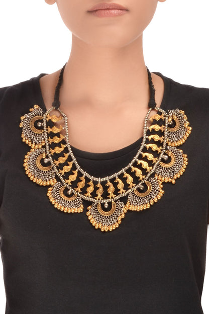 Antique gold & silver thread necklace with drop pendants 