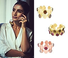 Gold Finish Bear and Pink Quartz Beehive Ring