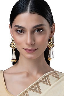 Gold Finish Pearl & Kundan Polki Dangler Earrings