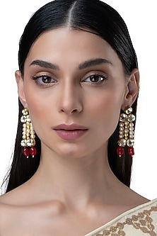 Gold Finish Red Stone & Pearl Dangler Earrings