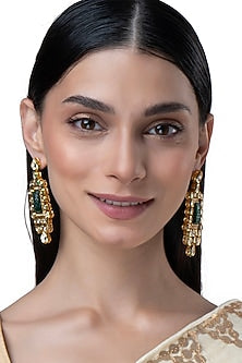 Gold Finish Green Stone & Kundan Polki Square Dangler Earrings