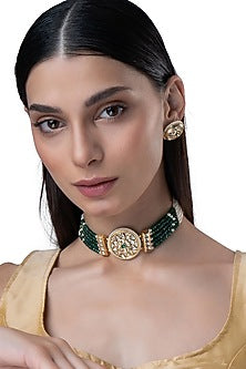 Gold Finish Pearl & Emerald Stone Choker Necklace Set