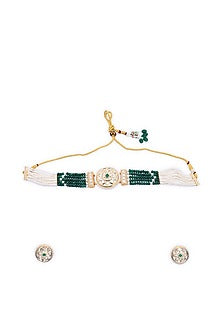 Gold Finish Pearl & Emerald Stone Choker Necklace Set
