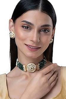 Gold Finish Pearl & Emerald Stone Choker Necklace Set
