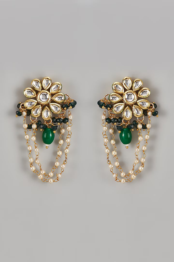 Gold Finish Kundan Polki & Emerald Floral Earrings